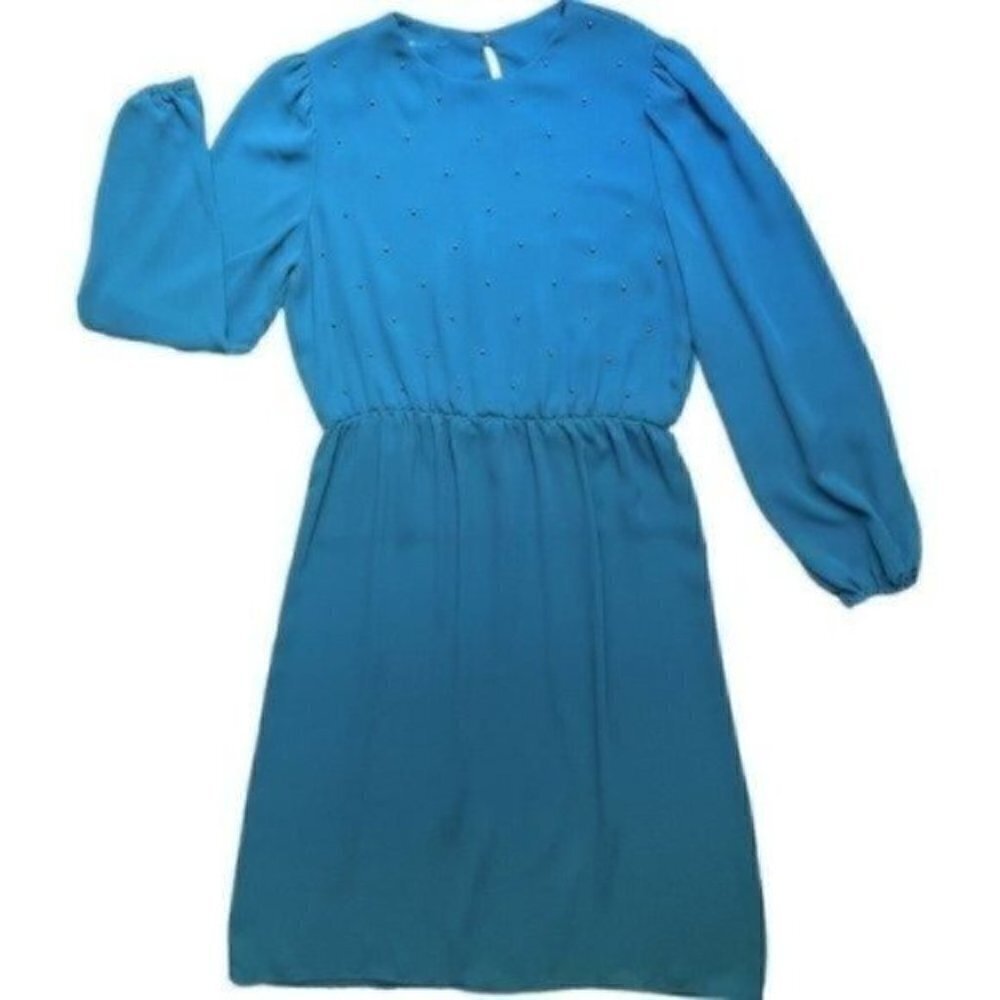 VTG 80s Balloon Long Sleeve Ruffle Midi Dress Blue Pearl Front Accent Women’s 10 - Picture 2 of 13